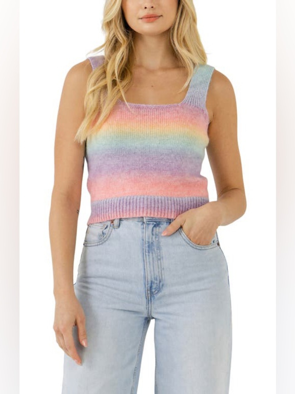 English Factory Pastel Rainbow Knit Square-Neck Tank - Multicolor | Size S